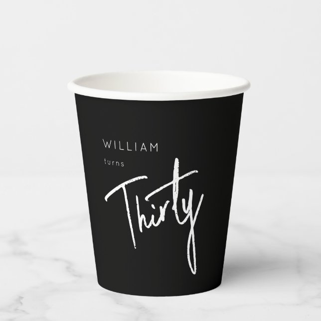 Modern Black 30th Thirty Thirtieth birthday party Paper Cups (Front)