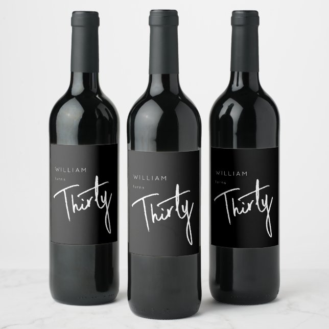 Modern Black 30th Thirty Thirtieth birthday party Wine Label (Bottles)
