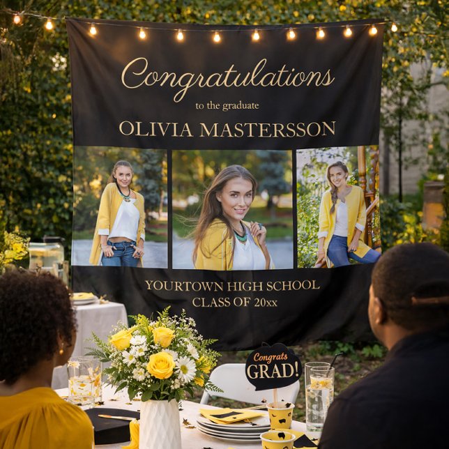 Modern Black 3 Photo Graduation Congratulations Tapestry (Black 3-photo graduation party tapestry)