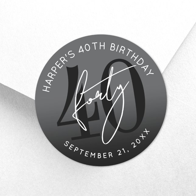 Modern Black 40th Birthday Party Classic Round Sticker (Modern Black 40th Birthday Party Classic Round Sticker)