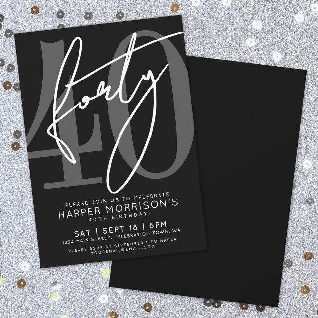 Modern Black 40th Birthday Party Invitation (Modern Black 40th Birthday Party Invitation)