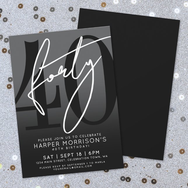 Modern Black 40th Birthday Party Invitation (Modern Black 40th Birthday Party Invitation)