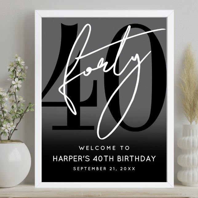 Modern Black 40th Birthday Party Welcome Sign (Modern Black 40th Birthday Party Welcome Sign)