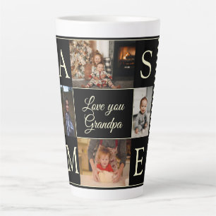 Modern Black 4 Photo Monogrammed Love You Grandpa Latte Mug