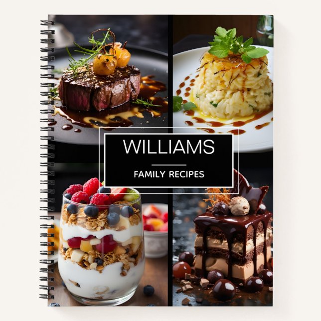 Modern Black 4 Photo Personalised Family Recipes Notebook (Front)