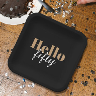 Modern Black 50th Birthday Hello Fifty Party Paper Plate