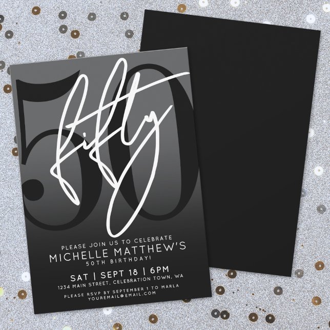 Modern Black 50th Birthday Party Invitation (Modern Black 50th Birthday Party Invitation)