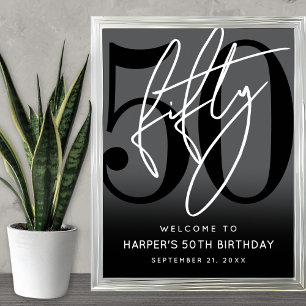 Modern Black 50th Birthday Party Welcome Sign