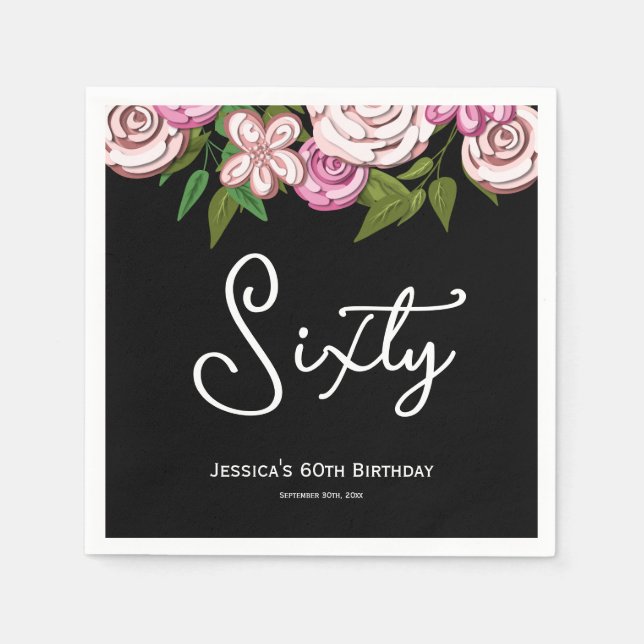 Modern Black 60th Birthday Floral Napkin (Front)
