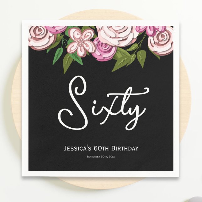 Modern Black 60th Birthday Floral Napkin (Creator Uploaded)