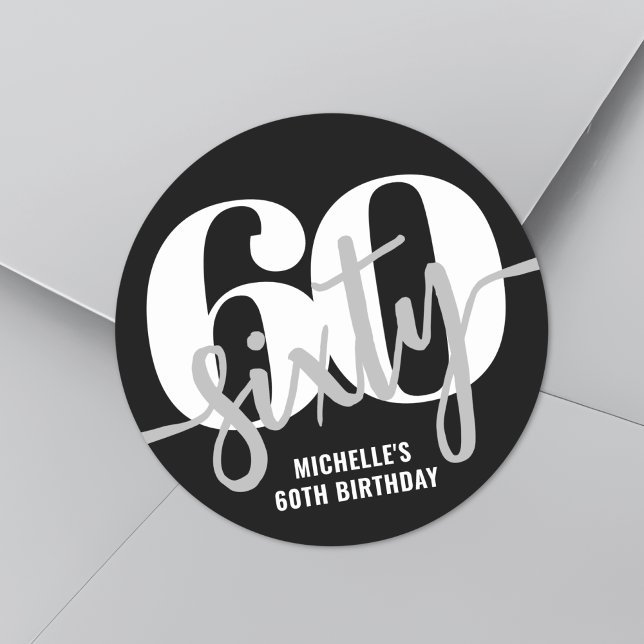 Modern Black 60th Birthday Party Classic Round Sticker (Modern Black 60th Birthday Party Classic Round Sticker)
