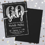 Modern Black 60th Birthday Party Invitation<br><div class="desc">Introducing a simple and modern 60th birthday party invitation, perfect for celebrating this milestone in style. The sleek design features a bold black background with a large "60" in grey at the top. Just below, "Sixty" is beautifully written in white script calligraphy, adding a fun yet elegant touch. The mix...</div>
