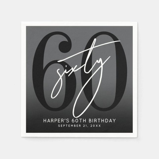 Modern Black 60th Birthday Party Napkin (Front)