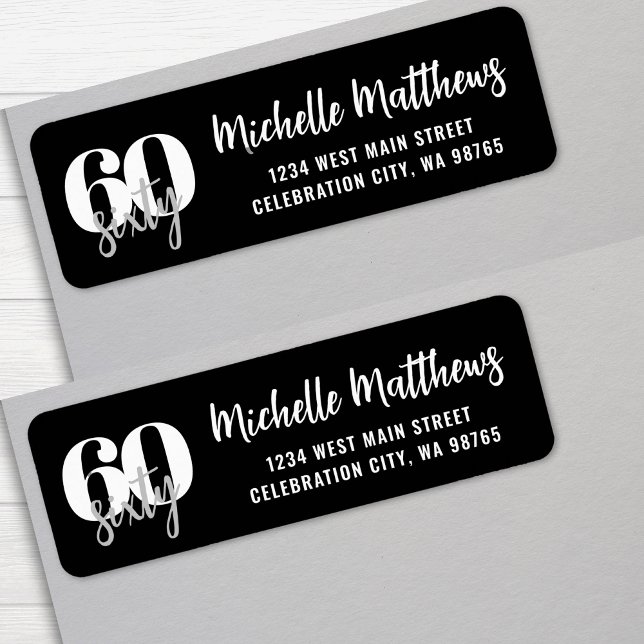 Modern Black 60th Birthday Party Return Address (Modern Black 60th Birthday Party Return Address label)