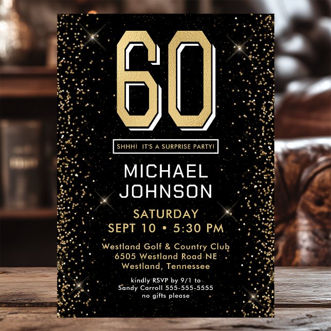 Modern Black 60th Birthday Surprise Party Invitation (Creator Uploaded)