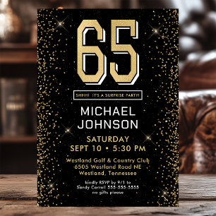Modern Black 65th Birthday Photo Surprise Party Invitation