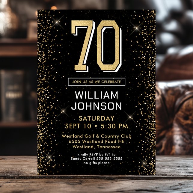 Modern Black 70th Birthday Photo Invitation (Creator Uploaded)