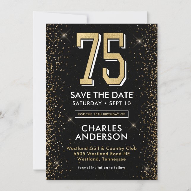 Modern Black 75th Birthday  Save The Date (Front)