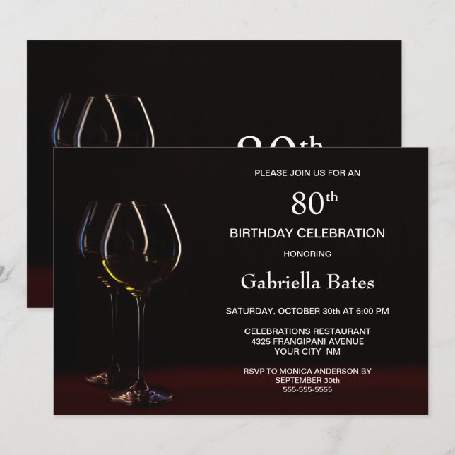 Modern Black 80th Birthday Wine Glass Party Invitation (Front/Back)