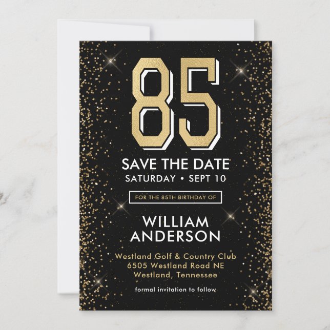 Modern Black 85th Birthday  Save The Date (Front)