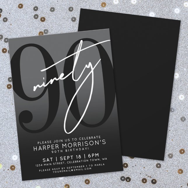 Modern Black 90th Birthday Party Invitation (Modern Black 90th Birthday Party Invitation)