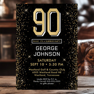 Modern Black 90th Birthday Photo Surprise Party Invitation