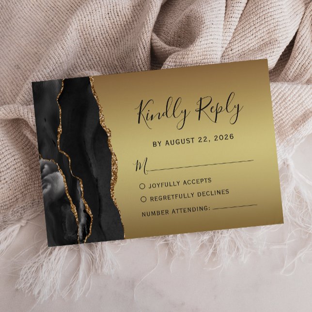 Modern Black Agate Gold Glam Wedding RSVP Card (Creator Uploaded)