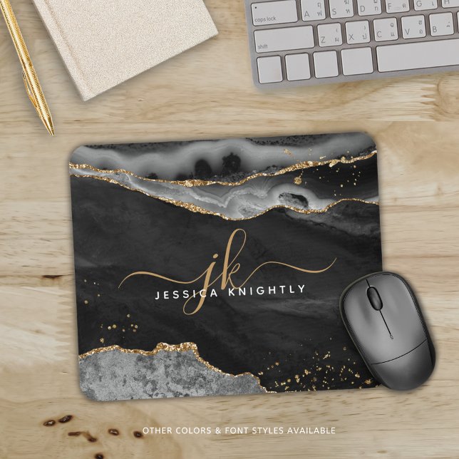 Modern Black Agate Gold Glitter Script Monogram Mouse Mat (Creator Uploaded)