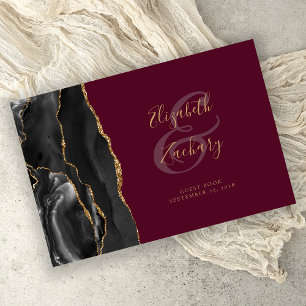 Modern Black Agate Gold Script Burgundy Guest Book
