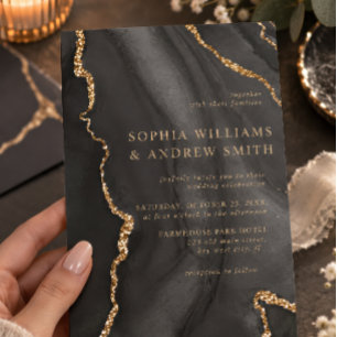 Modern Black Agate & Gold Wedding Invitation