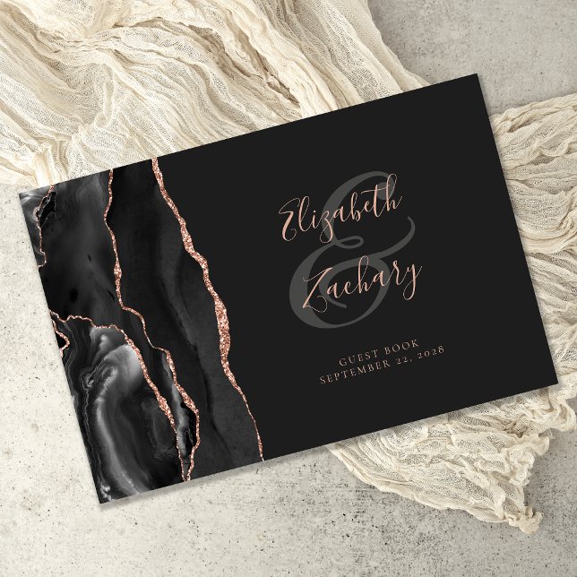 Modern Black Agate Rose Gold Script Dark Guest Book (Creator Uploaded)