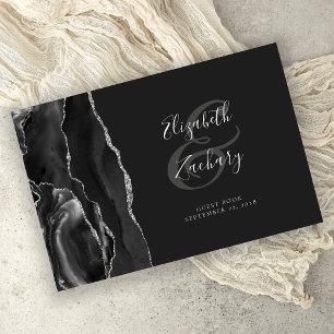 Modern Black Agate Silver Script Dark Guest Book