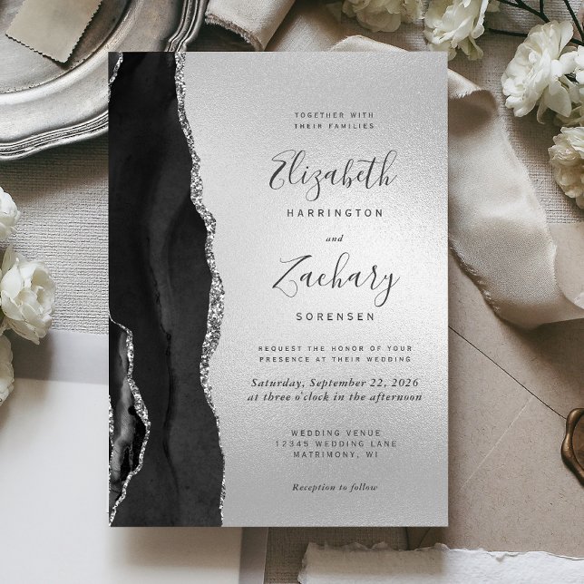 Modern Black Agate Silver Wedding Invitation (Creator Uploaded)