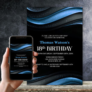Modern Black and Blue 18th Birthday Party Invitation