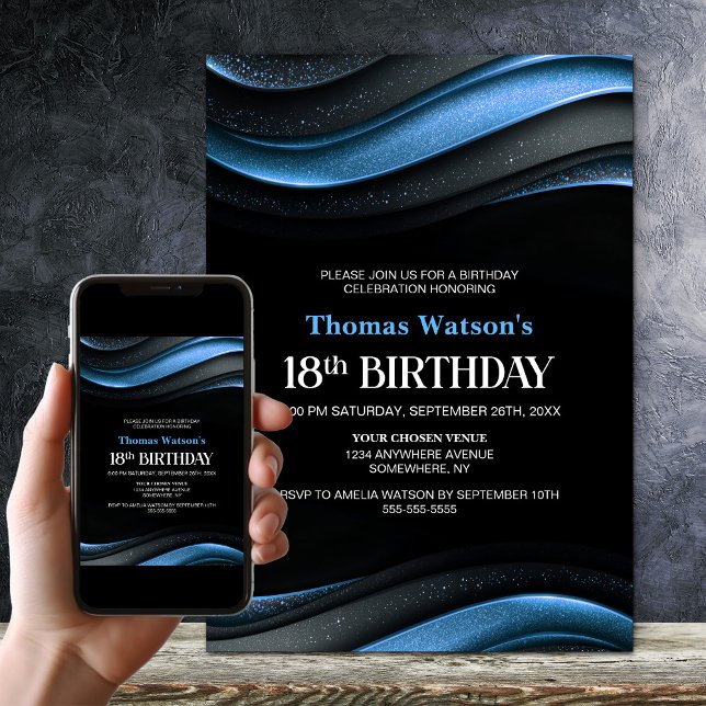 Modern Black and Blue 18th Birthday Party Invitation (Creator Uploaded)