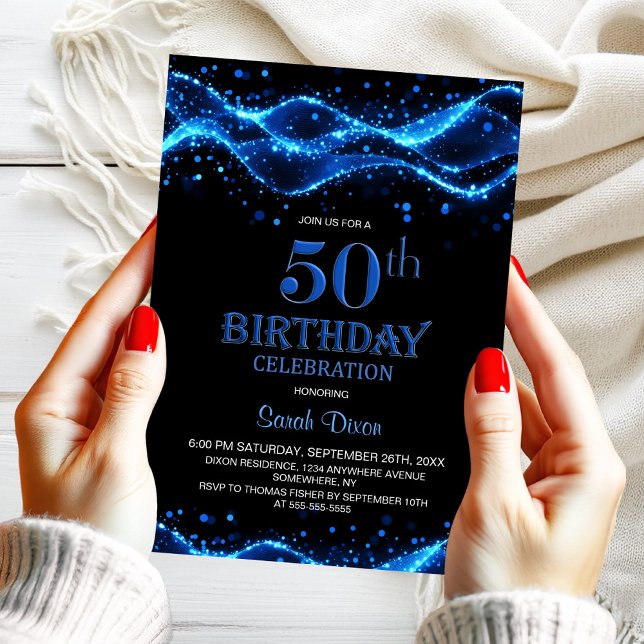 Modern Black and Blue 50th Birthday Party Invitation (Creator Uploaded)