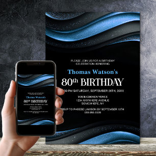 Modern Black and Blue 80th Birthday Party Invitation