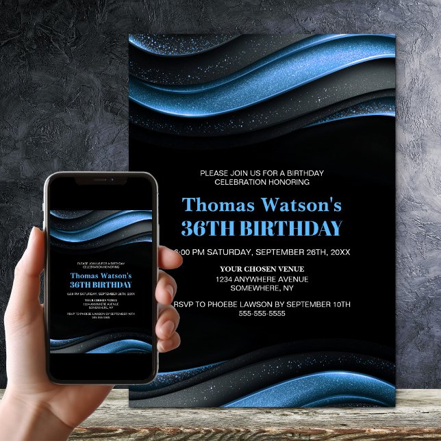 Modern Black and Blue Any Age Birthday Party Invitation (Creator Uploaded)