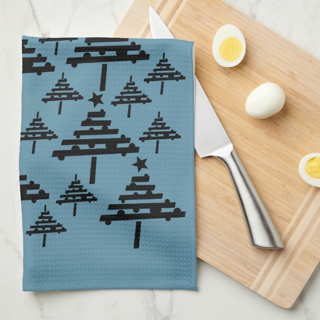 Modern Black and Blue Christmas Tree Pattern Tea Towel (Quarter Fold)