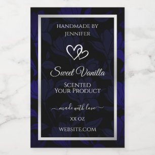 Modern Black and Blue Floral Product Labels Silver