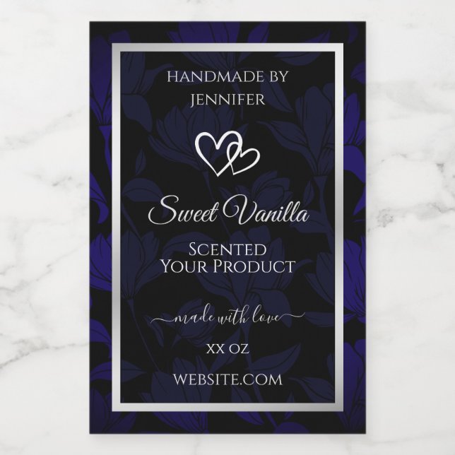 Modern Black and Blue Floral Product Labels Silver (Single Label)