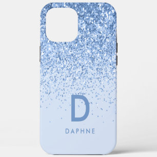 Modern black and blue glitter initial monogram iPhone 12 pro max case