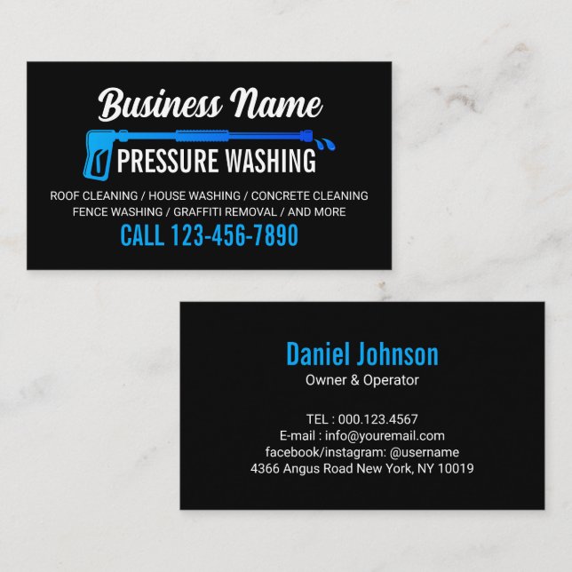 Modern Black and Blue Pressure Washer Business Card (Front/Back)