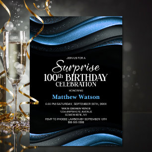 Modern Black and Blue Surprise 100th Birthday Invitation