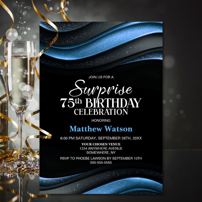 Modern Black and Blue Surprise 75th Birthday Party Invitation (Creator Uploaded)