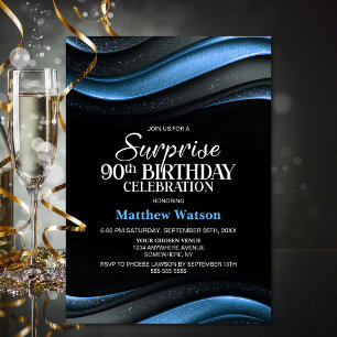 Modern Black and Blue Surprise 90th Birthday Party Invitation