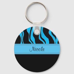 Modern Black and Blue Zebra Personalised Keychain