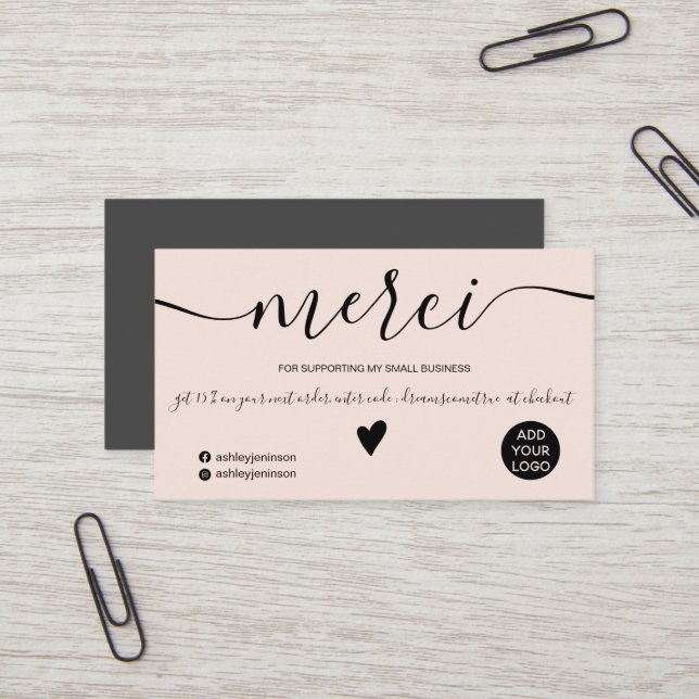 Modern black and blush order French thank you Business Card (Front/Back In Situ)