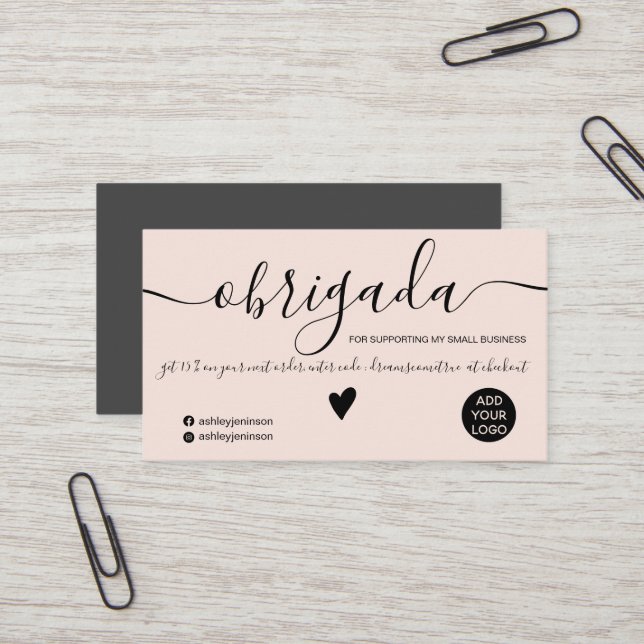 Modern black and blush order Portuguese thank you Business Card (Front/Back In Situ)