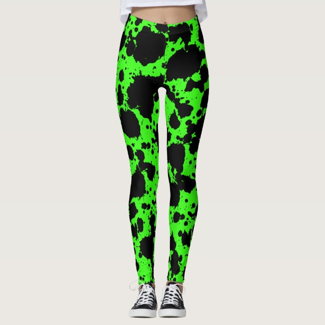 Modern Black and Bright Green Paint Splatter Funny Leggings (Front)